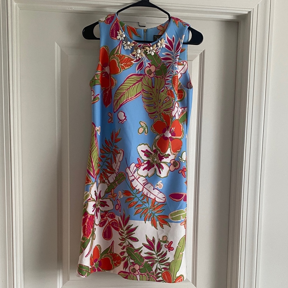 Taylor Blue Floral Jewel-Neck Mini Dress